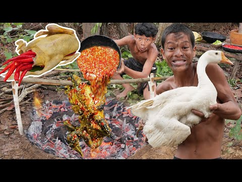 Primitive Technology - New style cooking geese in clay hole - Eating delicious