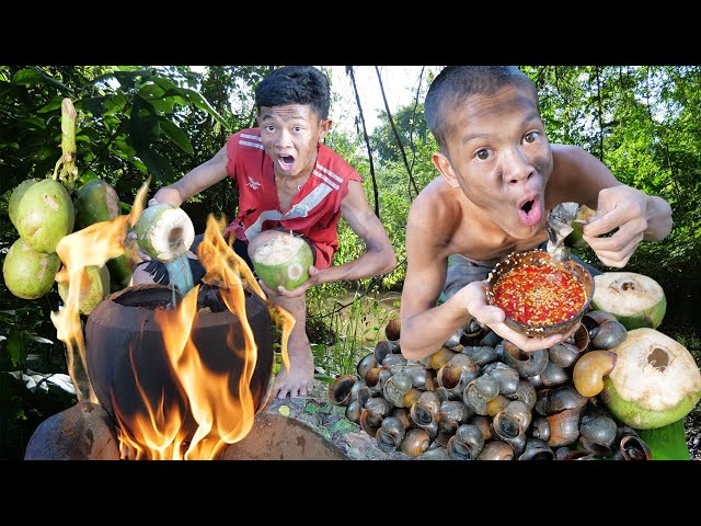Meet snail in jungle, cooking eating delicious  Primitive technology