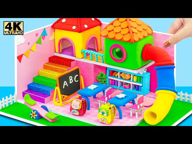 Build Colorful School Playground, Mini Classroom using Cardboard, Polymer Clay - DIY Miniature House