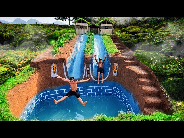 Build Swimming Pool With Two Water Slide Longest Around Secret Underground House