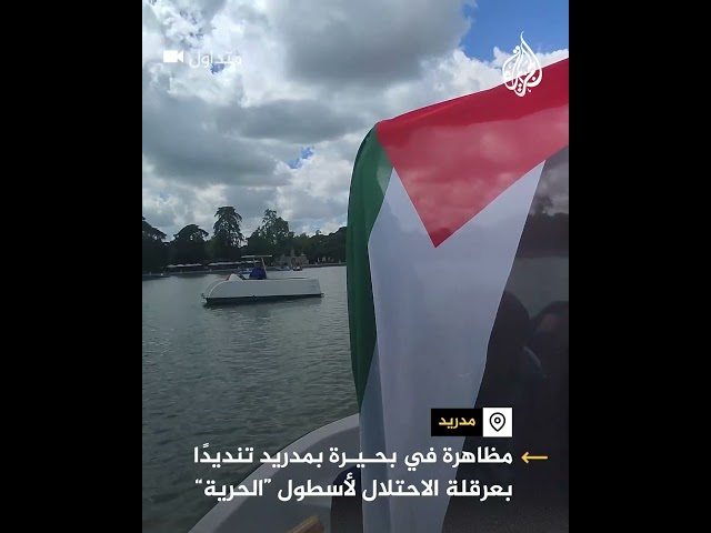تنديدا لمنع وصول أسطول الحرية لغزة.. متظاهرون في بحيرة بمدريد نصرة لغزة