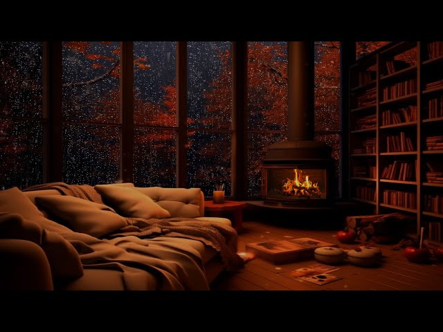 Thunderstorm, Autumn Rain & Crackling Fire - Cozy Wooden Cabin, Warm Ambience, Relax & Sleep