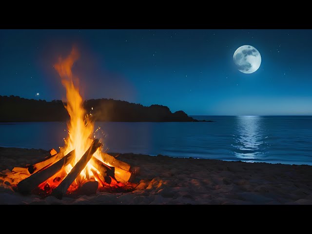 Enchanting Moonlight on Oceanic Isle  Mesmerizing Campfire by the Sea Relaxing 4K