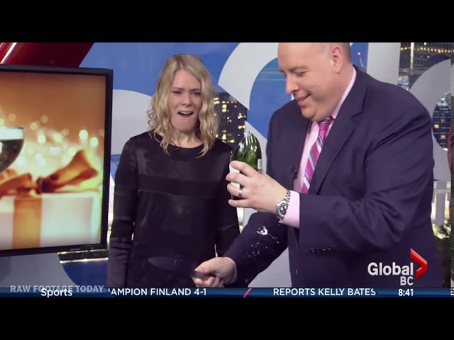 Champagne saber trick goes badly twice on live news show