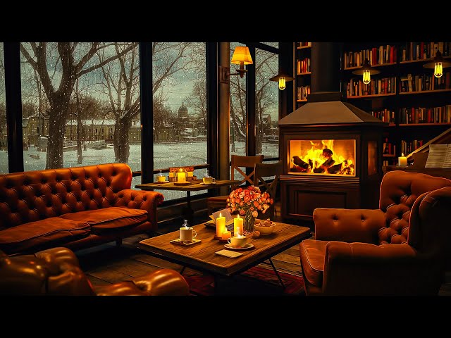 Relaxing Piano Jazz Background Music with Crackling Fireplace in Cozy Coffee Shop Ambience for Work