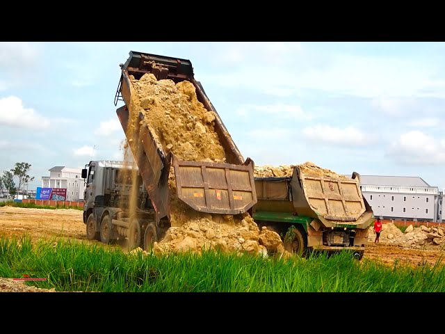 Great Safety Truck Dumper Out Soils Spread Operating Komatsu Dozer Pushing