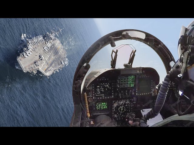 Skilled US F-18 Pilot Negotiates Crazy Landing Approach on Aircraft Carrier