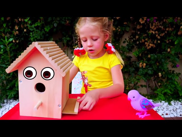 Nastya xây dựng nhà cho chim và động vật