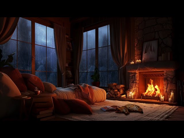 Nighttime Thunderstorm Haven - Fireside Comfort with Rain, Fireplace and Sleeping Cat