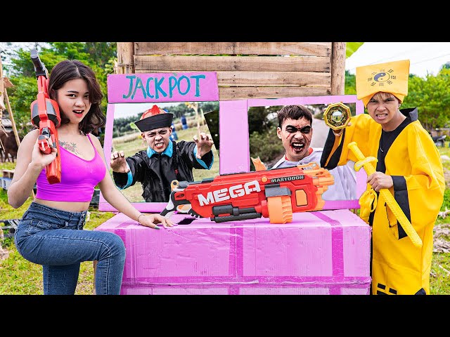 Pink Girl Nerf: ATM JACPOT ZOMBIES GIRL PRANK BATTLE NERF Ms. Lily Nerf Guns Fight Zombie Mages