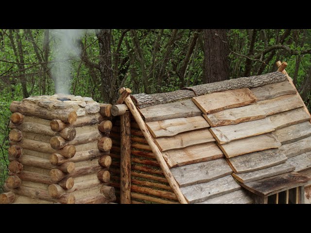 Building a Survival Cabin with Chimney-Fireplace & Wooden Roof in the Wilderness