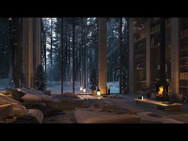 Winter Ambience | Crackling Fireplace & Snowfall | Blizzard Sounds | Cozy Cabin for Relief Stress