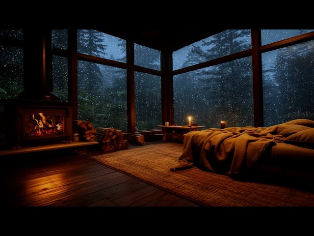 Gentle Night Rainfall: Cozy room Ambience with Soothing Fire Crackles 🔥🌧️
