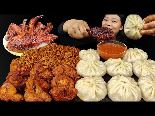 Eating Juicy Momo, Chicken Diamond, Chicken Wings With Blackbean Noodles Nepali Mukbang, Eating Show