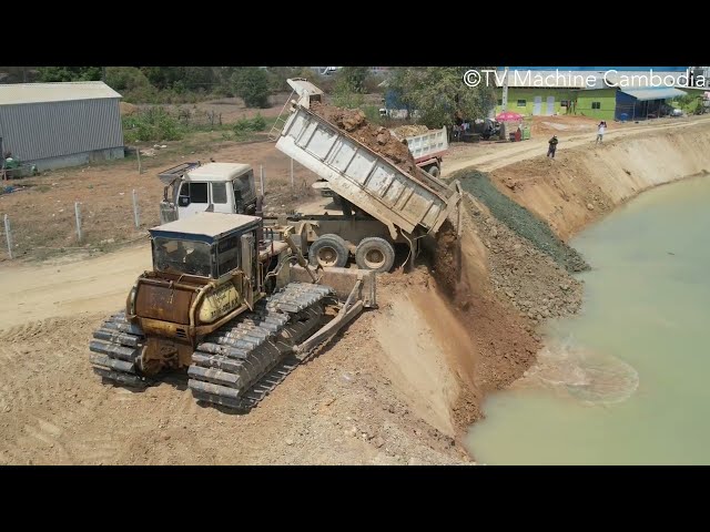 Supper Energy Skills Unloading Soil On Downhill In Water With Dozer Pushing & Grading Making Road
