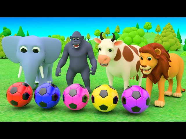 Learn Animals Names and Sounds with Soccer Balls | Funny Animals Videos for Kids and Songs
