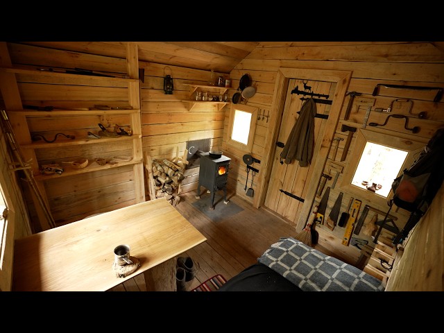 finnaly build interior of my log cabin , woodworking in wilderness with hand tools