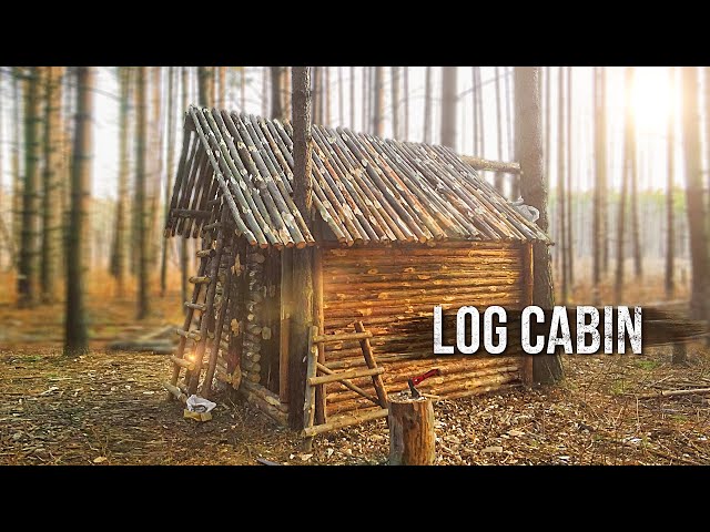 Log cabin in the wild forest. Bushcraft camp. Part 3.