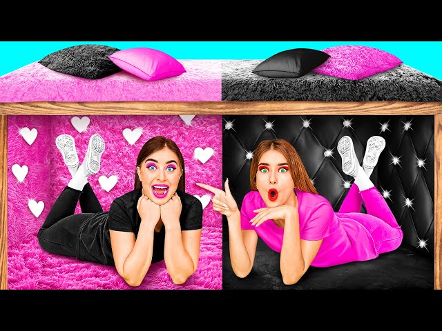 Geheime Räume unter dem Bett | Schwarz vs Rosa Farbe Challenge von BaRaDa Challenge