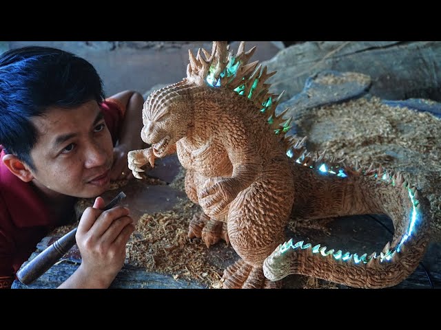How to Carve Godzilla - Minus One with a Glowing Spines | Amazing Chainsaw Wood Carving skill