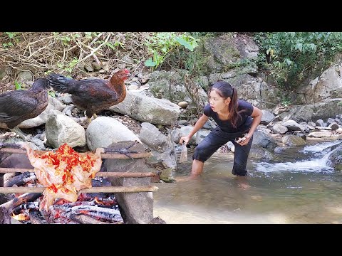 Adventure solo in forest: Chicken grilled spice for food at river so eating delicious