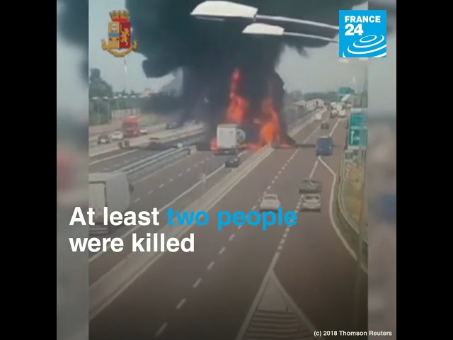 Two trucks collide on a motorway near Bologna, resulting in two huge explosions