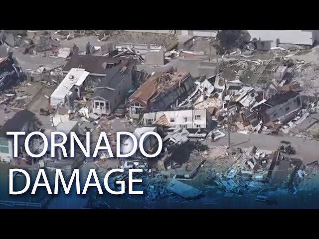 Aerial video over tornado damage in Emerald Isle, NC