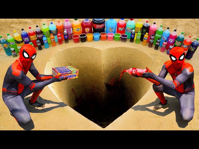 Spiderman & Big Toothpaste Eruption from Heart pit, Giant Coca Cola, Mirinda, Orbeez, Fanta & Mentos