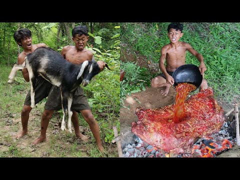 Primitive Technology - Meet The Goat And Cooking & Eating delicious