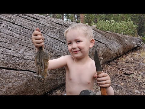Survival Camping with 4 yr Old - Trapping, Knapping, Friction Fire & Campfire Cooking