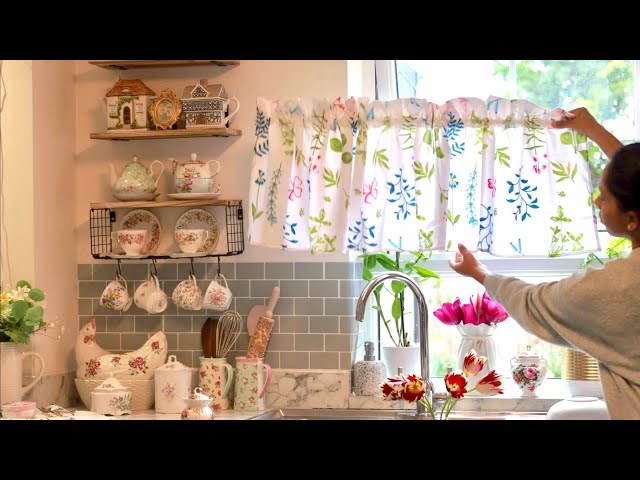 Calming spring kitchen organization 🧵 Hand sewed curtain from old bedsheet 🪡 Evening tea ☕️ ASMR