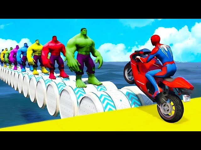 SPIDER-MAN with Superheroes MEGA Ramp Jump Challenge GTA V - Funny Shark