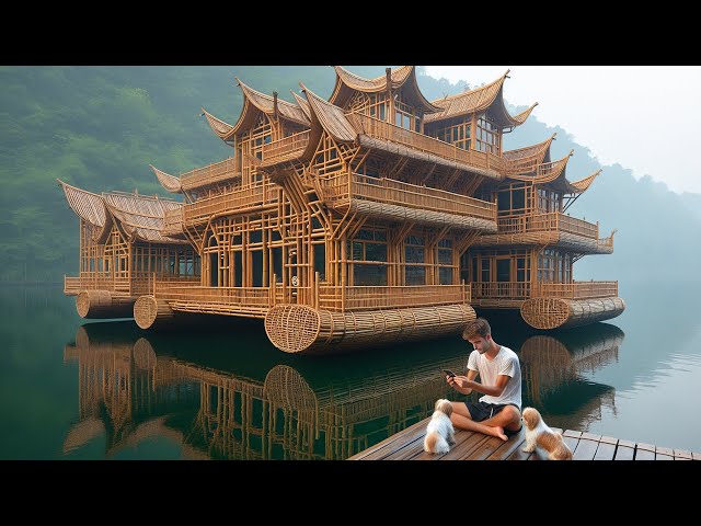 A Young Man Builds Movable Bamboo House On Water Alone,With Only Puppies To Accompany Him#houseboat