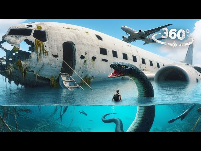 360° Airplane Crash to Island with Giant Snake and Zombie Ship VR 360 Video 4K Ultra HD