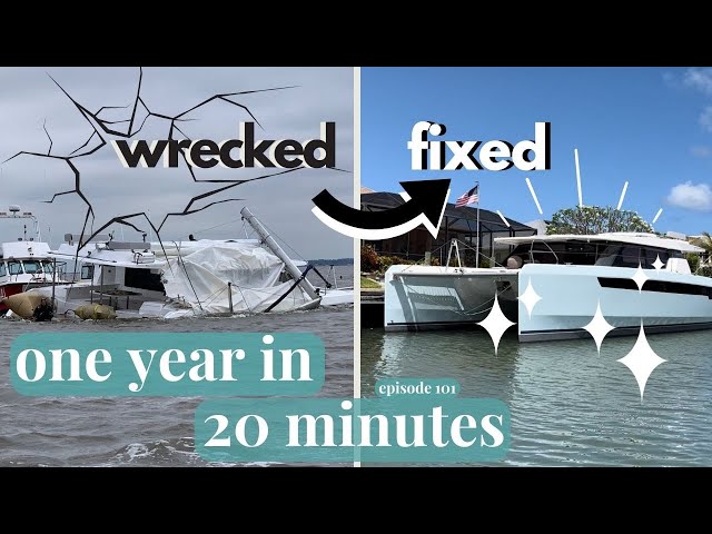 WRECKED TO FIXED IN 20 MINUTES//Rebuilding A Wrecked Catamaran In 1 Year-Episode 101