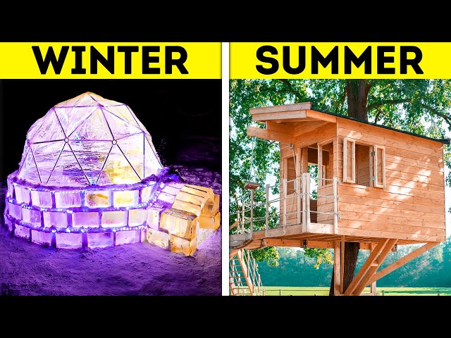 WINTER ICE IGLOO VS. SUMMER TREEHOUSE || Cheap And Giant DIY House Crafts From Wood, Ice And Clay