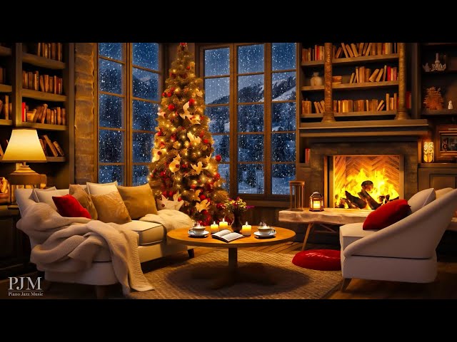 Warm Christmas Night with Relaxing Jazz Music & Crackling Fireplace in Cozy Coffee Shop Ambience