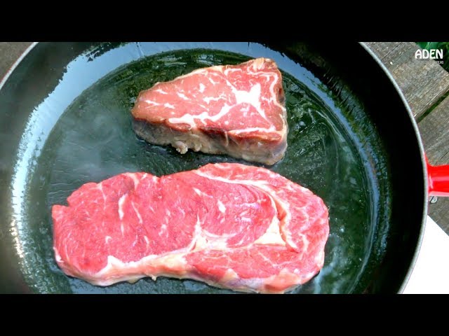 2 Argentine Steaks in French Enameled  Cast Iron Skillet