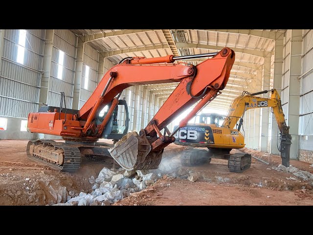 JCB 205 vs TATA 330 Excavator Rock Breaking and Loading Old Truck for Rubber Gloves Factory