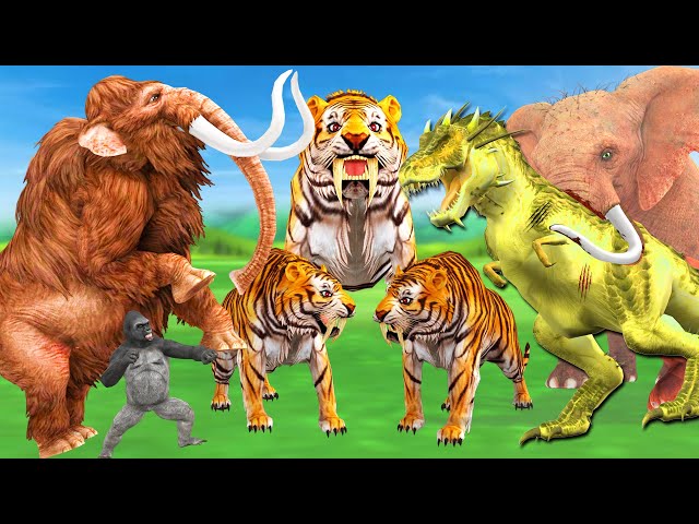 Giant Tigers Attack Zombie TRex Saved by The Elephant Woolly Mammoth Vs Dinosaur Animal Revolt