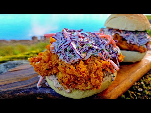 Crispy Chicken Burger cooked in the WILD!🔥 ASMR cooking in the forest