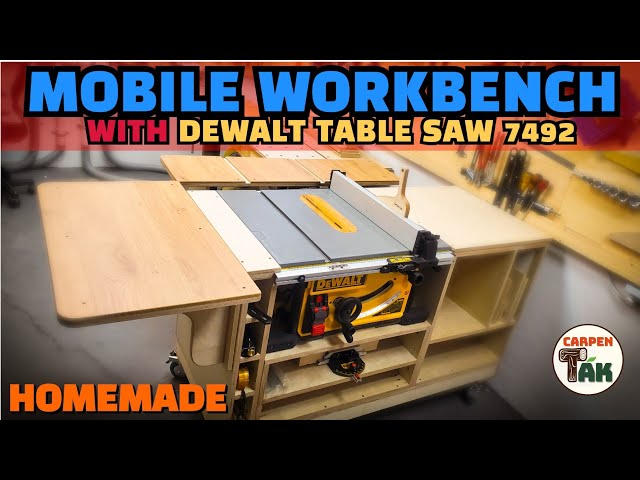 Mobile workbench with Dewalt table saw / Convenient and safe woodworking in a narrow workroom