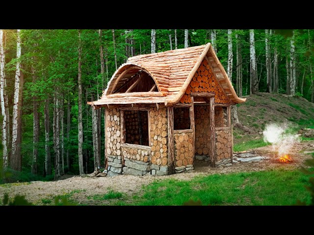 Do-it-yourself wooden house. Bushcraft construction in nature