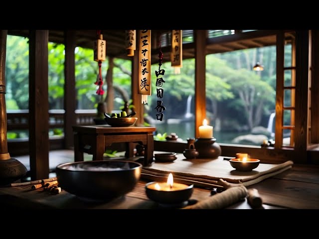 A serene candle flickers, the soothing sounds of zen music fill the air, creating a peaceful oasis.
