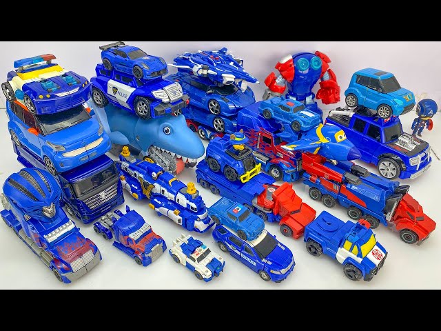 Blue TRANSFORMERS Car Toys - CAR EATING SHARK:Optimus Prime, PoliceCar, Truck, Helicopter STOPMOTION