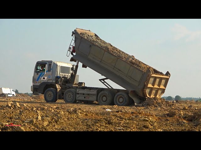 Stronger Powerful Equipment Dumper Truck Soils Spread Operating With Dozer Pushing