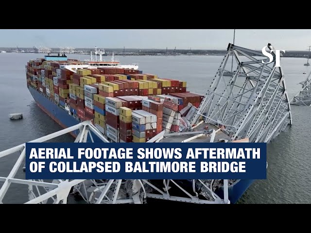 Aerial footage shows aftermath of collapsed Francis Scott Key Bridge in Baltimore