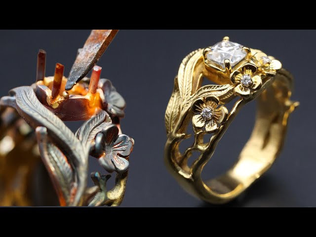 custom floral style engagement ring - making 18K gold engagement ring