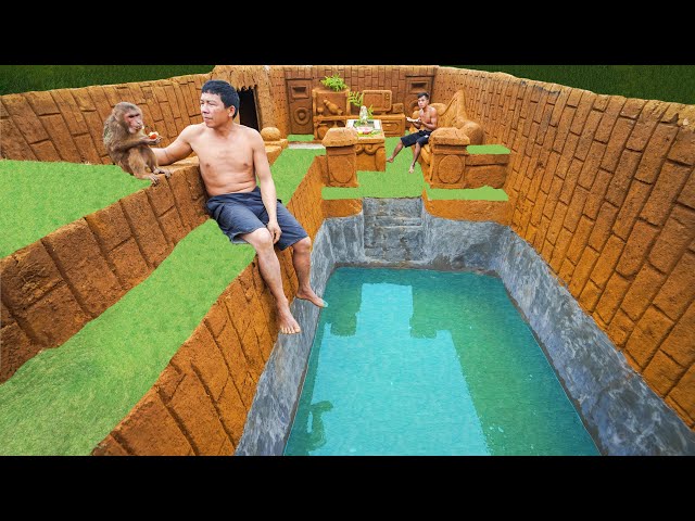 Unbelievable! Build Swimming Pool Water Slide With Cute Monkey Around The Secret Underground House