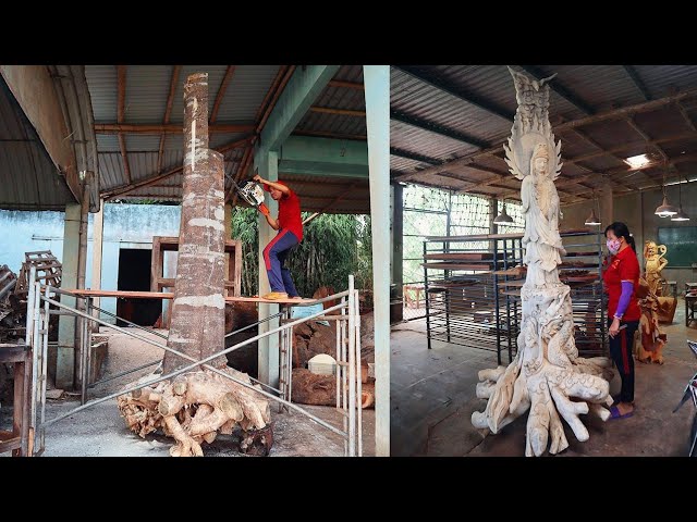 Đục gốc cây Dó Bầu siêu khủng- Asian Turn a Giant Tree into a Dragon Buddha - Nghệ nhân Âu Lạc 12